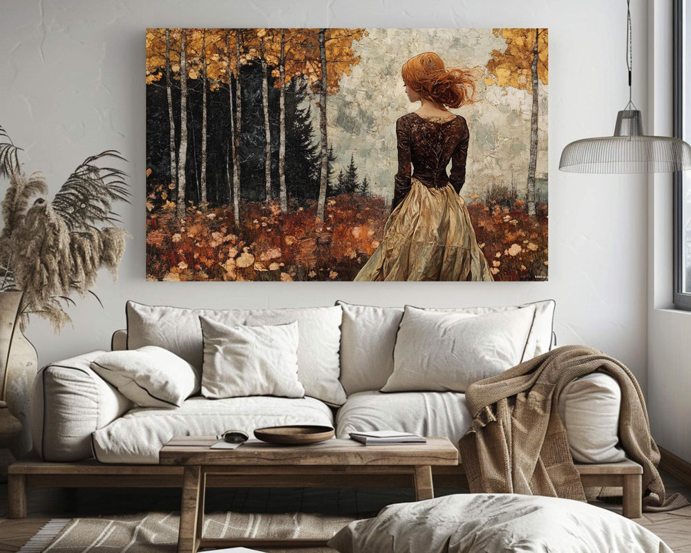 Woman in Autumn Forest Wall Art – Romantic Fall Landscape Painting, Rustic Golden Foliage Home Print, Rustic Fall Decor, Cozy Country Style