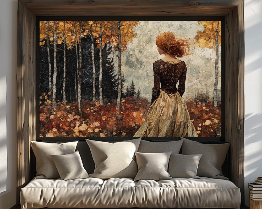 Woman in Autumn Forest Wall Art – Romantic Fall Landscape Painting, Rustic Golden Foliage Home Print, Rustic Fall Decor, Cozy Country Style