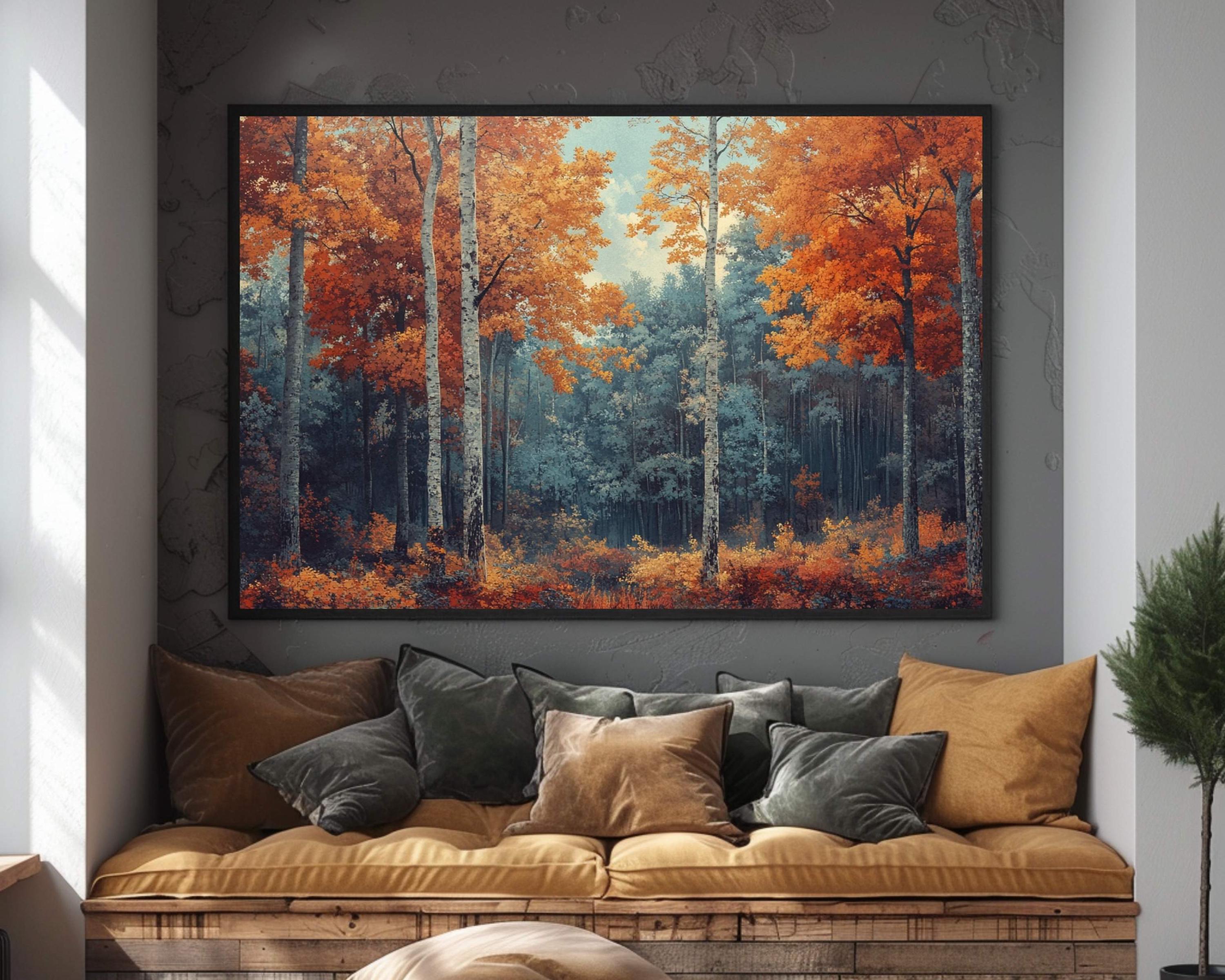 William Morris Autumn Forest Landscape Wall Art Print, Vibrant Orange Tree Woodland Scene, Cozy Seasonal Fall Home Decor,