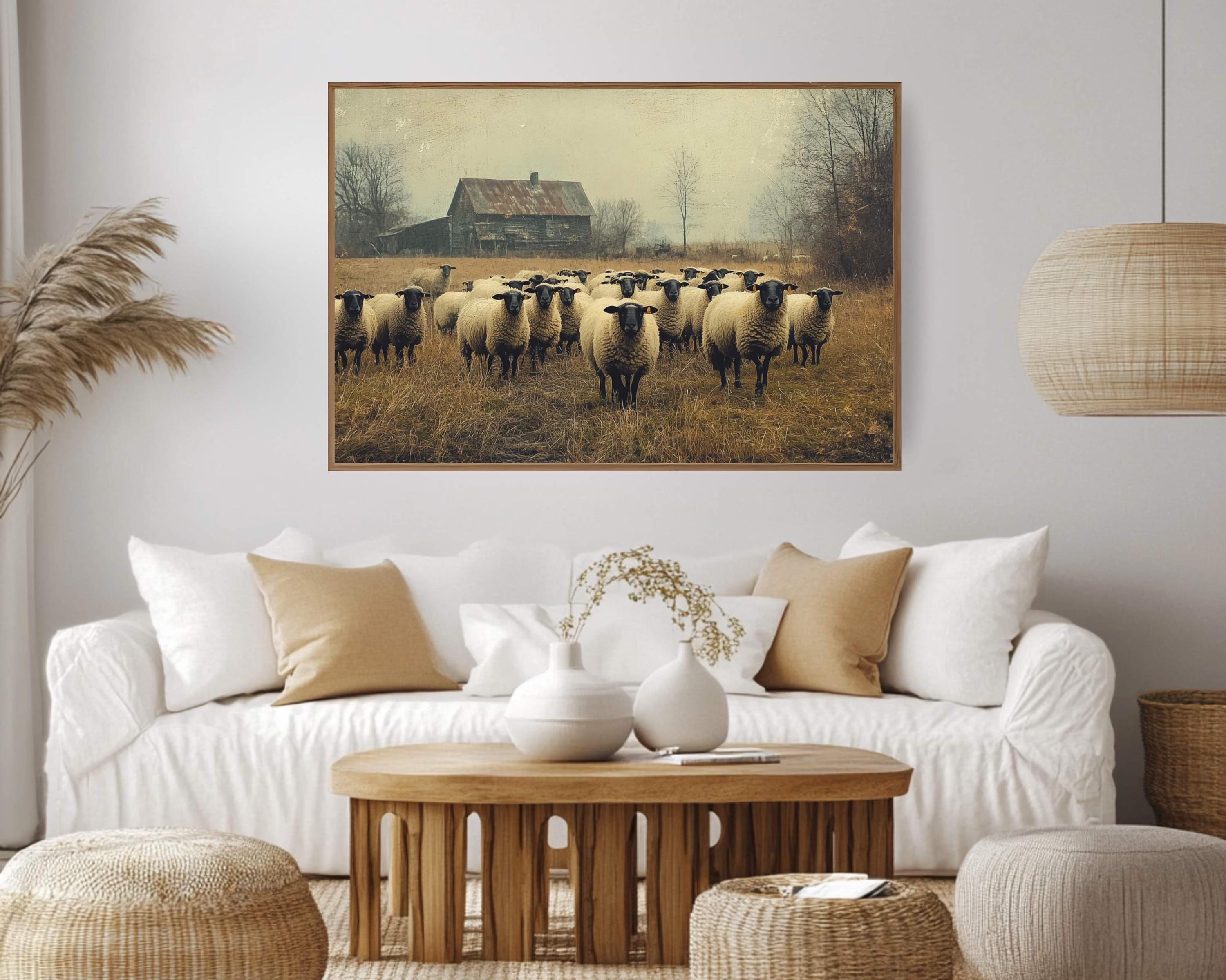 Vintage Barn and Sheep Wall Art Print, Rustic Farm Scene, Country Farmhouse Autumn Home Decor, Fall Landscape Wall Art Print, Farm Life Art