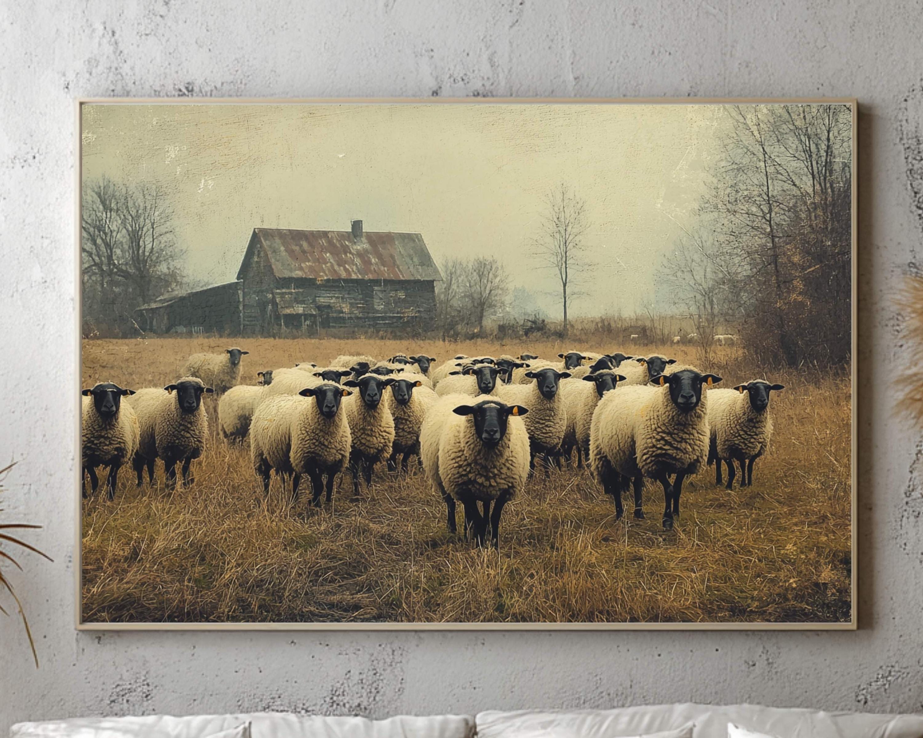 Vintage Barn and Sheep Wall Art Print, Rustic Farm Scene, Country Farmhouse Autumn Home Decor, Fall Landscape Wall Art Print, Farm Life Art