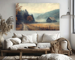 Misty Valley Barn Wall Art Print, Tranquil Autumn Landscape Farmhouse Country Decor, Fall Seasonal Farmhouse Decor, Cozy Country Style