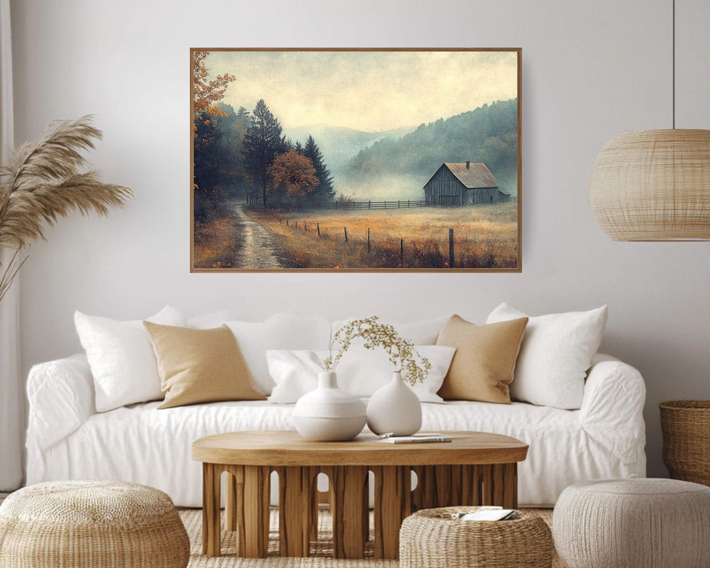 Misty Valley Barn Wall Art Print, Tranquil Autumn Landscape Farmhouse Country Decor, Fall Seasonal Farmhouse Decor, Cozy Country Style