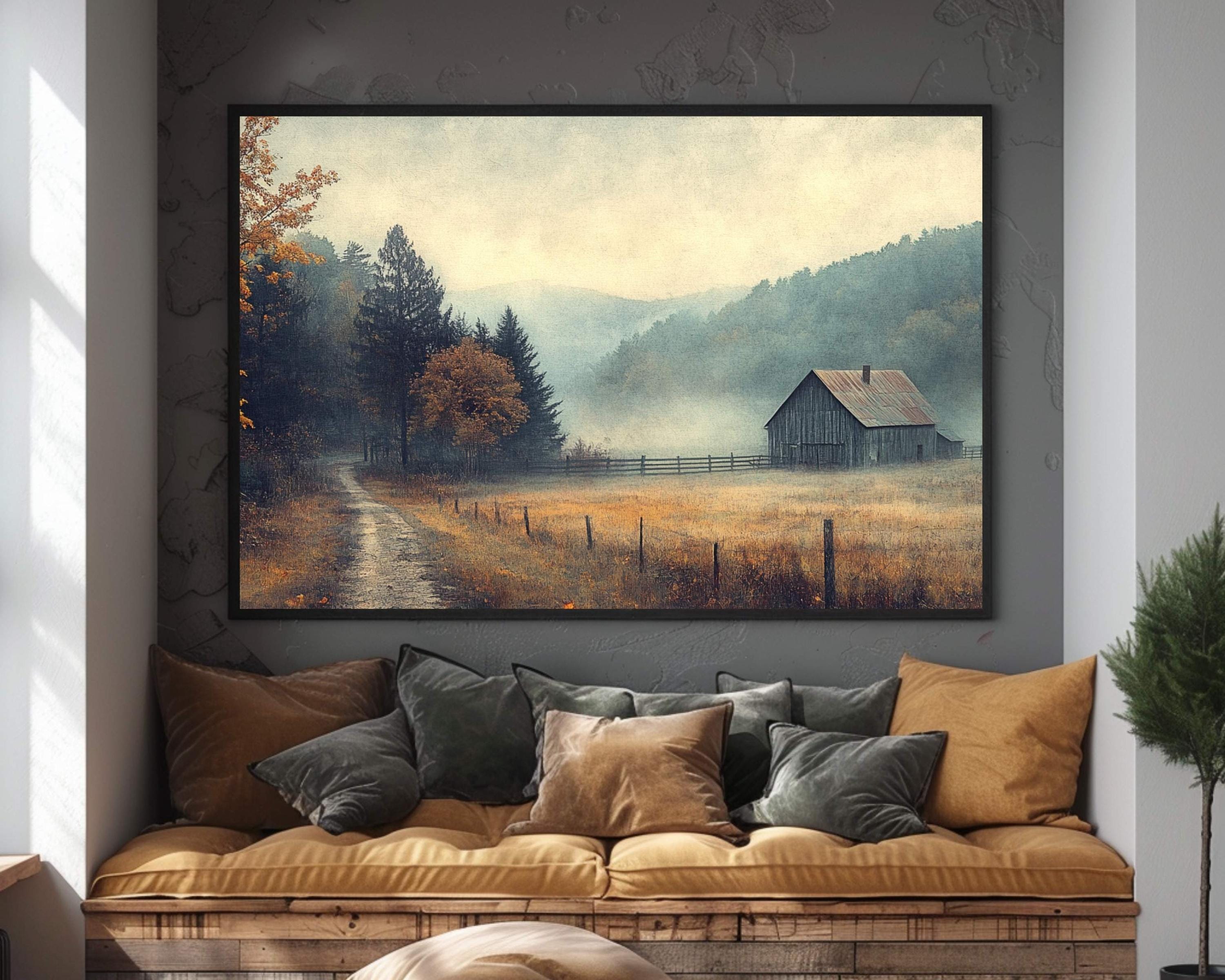 Misty Valley Barn Wall Art Print, Tranquil Autumn Landscape Farmhouse Country Decor, Fall Seasonal Farmhouse Decor, Cozy Country Style