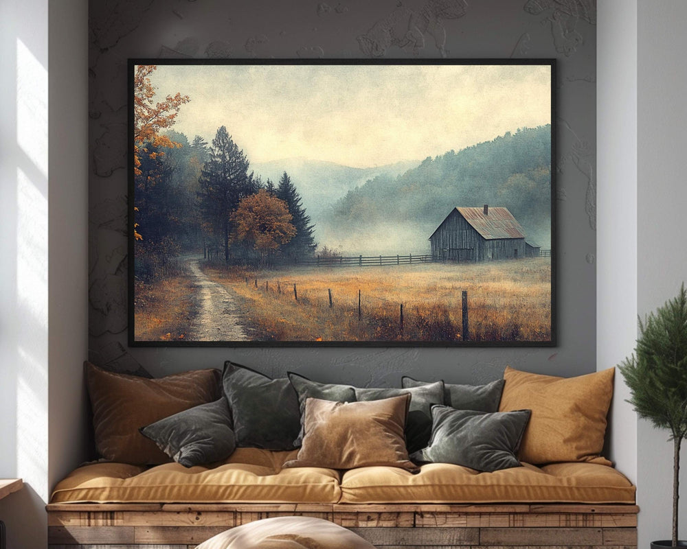 Misty Valley Barn Wall Art Print, Tranquil Autumn Landscape Farmhouse Country Decor, Fall Seasonal Farmhouse Decor, Cozy Country Style