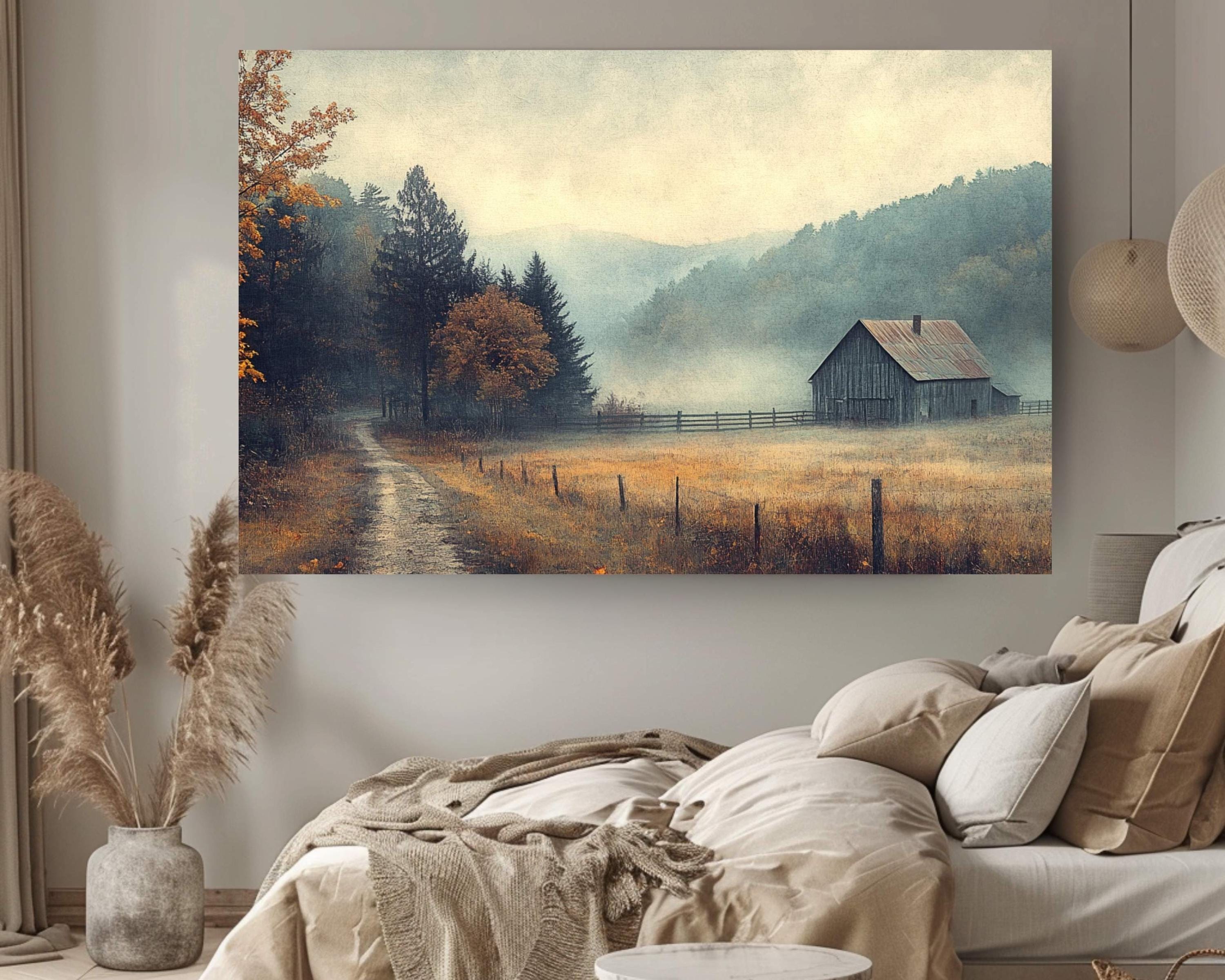 Misty Valley Barn Wall Art Print, Tranquil Autumn Landscape Farmhouse Country Decor, Fall Seasonal Farmhouse Decor, Cozy Country Style