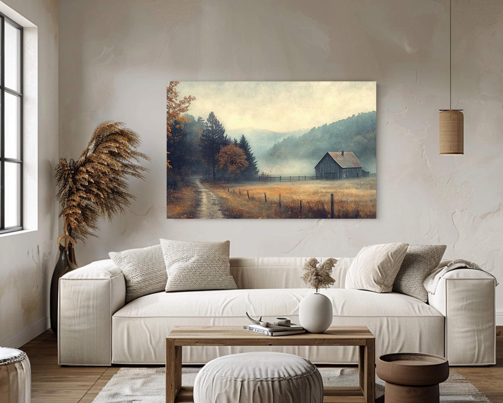 Misty Valley Barn Wall Art Print, Tranquil Autumn Landscape Farmhouse Country Decor, Fall Seasonal Farmhouse Decor, Cozy Country Style