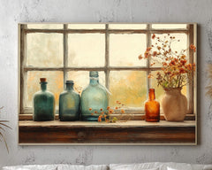 Rustic Bottles Wall Art Print, Autumn Farmhouse Still Life Painting, Flowers on Windowsill Canvas, Seasonal Fall Country Style Decor