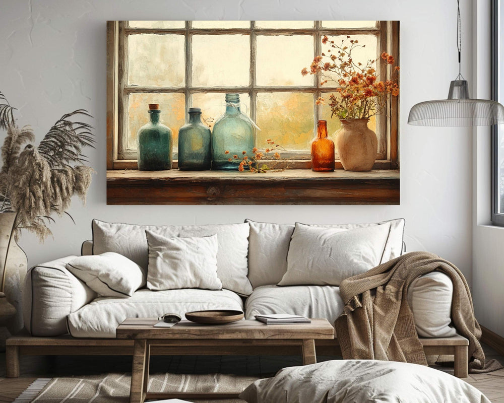 Rustic Bottles Wall Art Print, Autumn Farmhouse Still Life Painting, Flowers on Windowsill Canvas, Seasonal Fall Country Style Decor