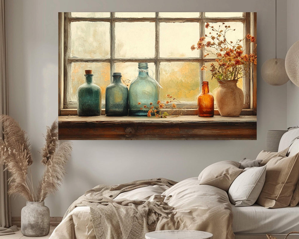 Rustic Bottles Wall Art Print, Autumn Farmhouse Still Life Painting, Flowers on Windowsill Canvas, Seasonal Fall Country Style Decor