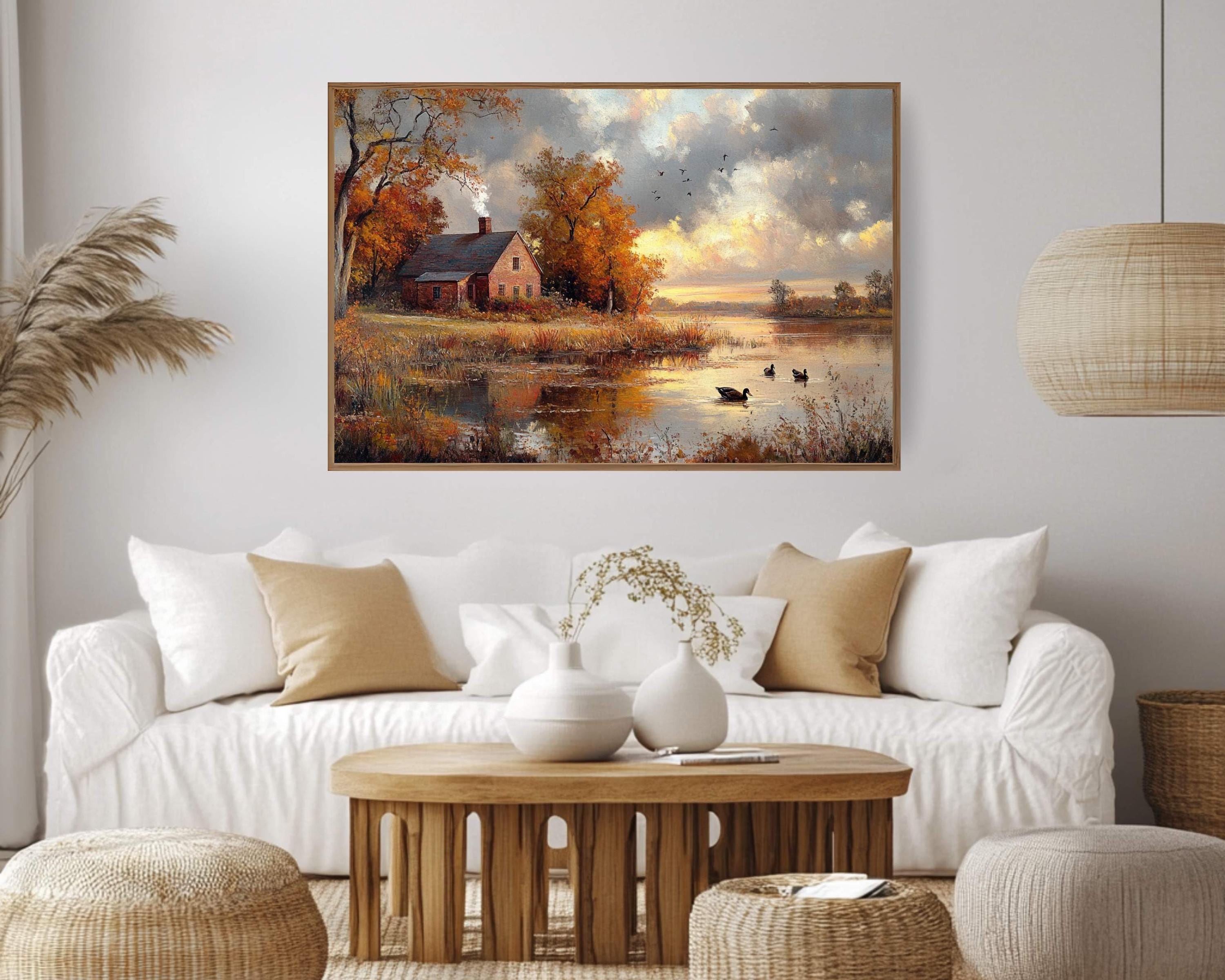 Autumn Cottage Wall Art Print, Rustic Farmhouse Countryside Landscape Painting, By the Lake Canvas Art, Rustic Fall Print, Woodland Scene