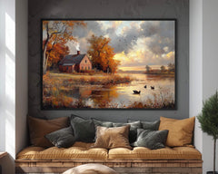 Autumn Cottage Wall Art Print, Rustic Farmhouse Countryside Landscape Painting, By the Lake Canvas Art, Rustic Fall Print, Woodland Scene