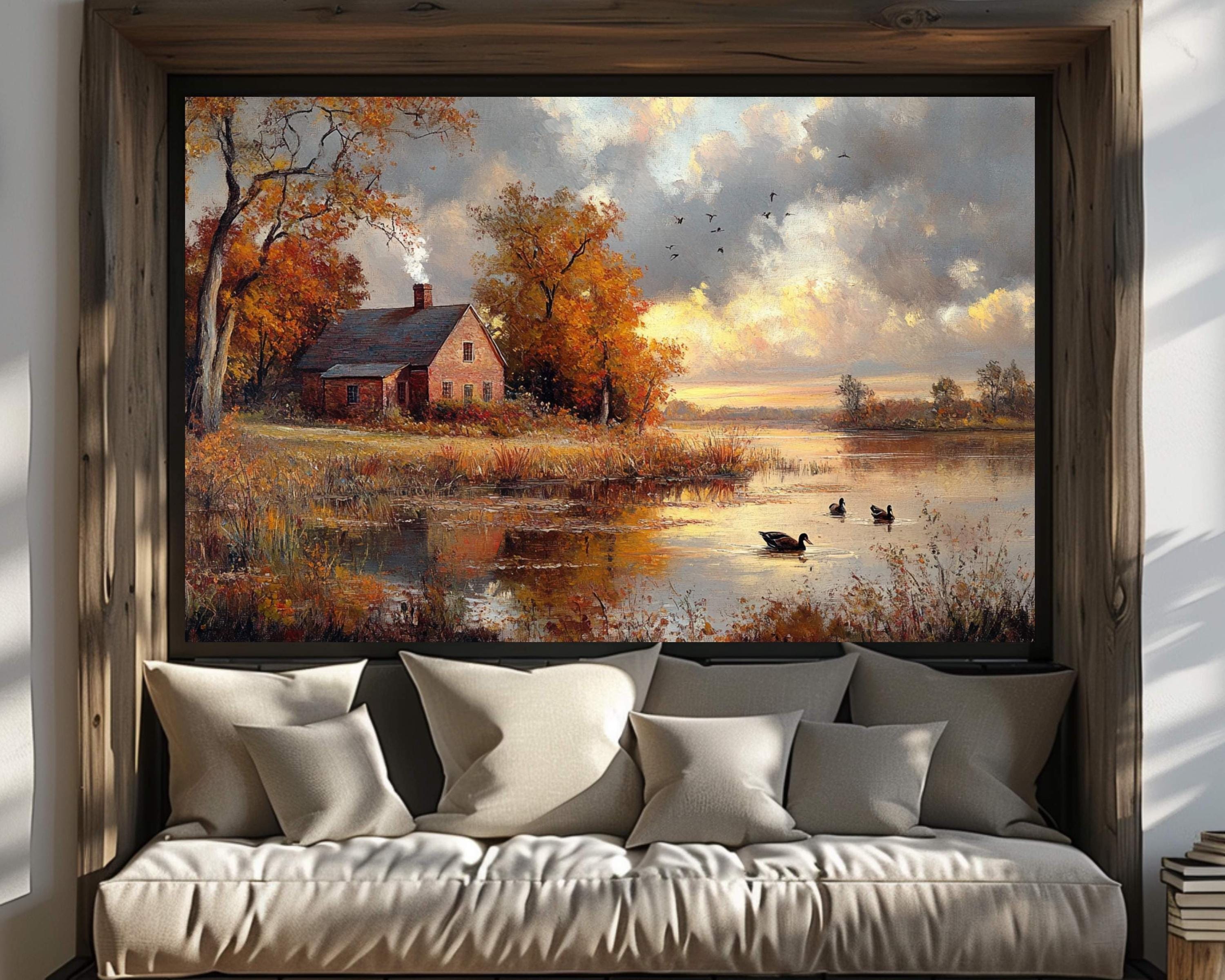 Autumn Cottage Wall Art Print, Rustic Farmhouse Countryside Landscape Painting, By the Lake Canvas Art, Rustic Fall Print, Woodland Scene