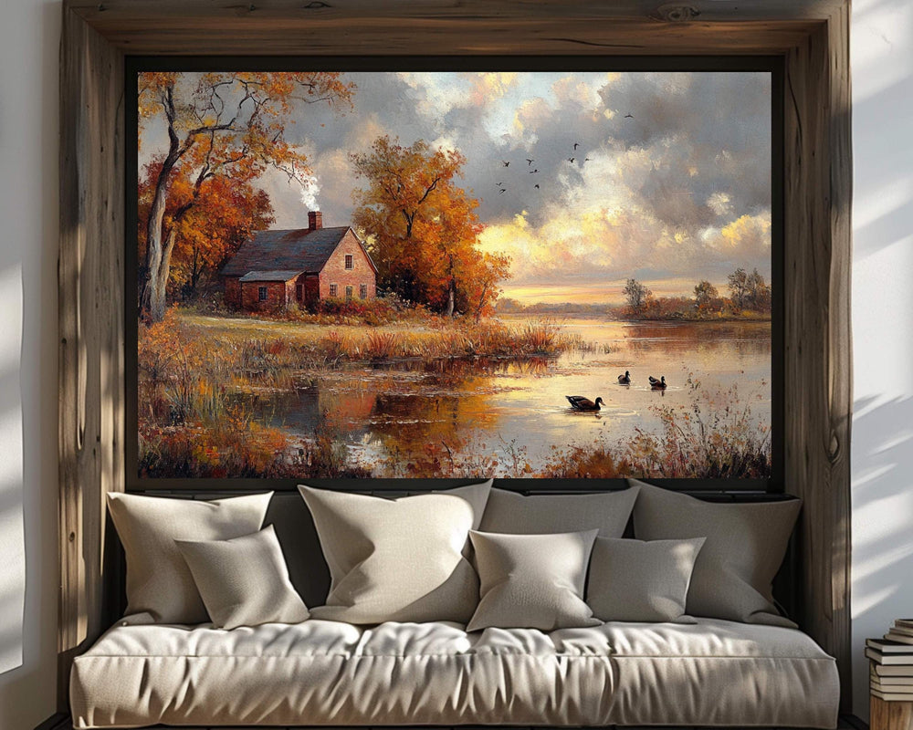 Autumn Cottage Wall Art Print, Rustic Farmhouse Countryside Landscape Painting, By the Lake Canvas Art, Rustic Fall Print, Woodland Scene
