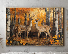 Deer Autumn Forest Wall Art Print, Rustic Woodland Canvas, Wildlife Nature Painting, Rustic Forest Scene, Hunting Lodge Art