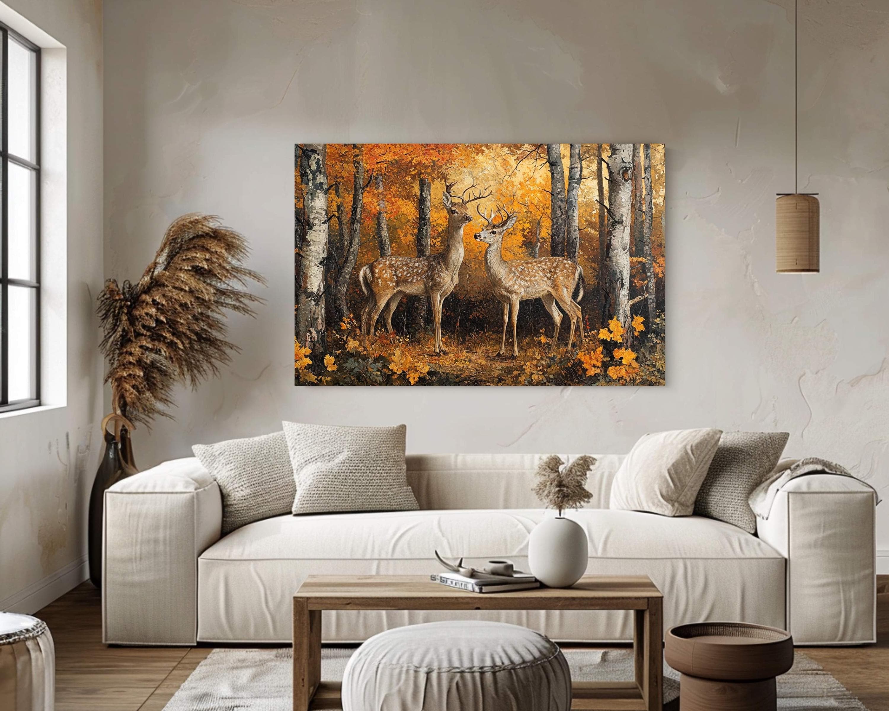 Deer Autumn Forest Wall Art Print, Rustic Woodland Canvas, Wildlife Nature Painting, Rustic Forest Scene, Hunting Lodge Art