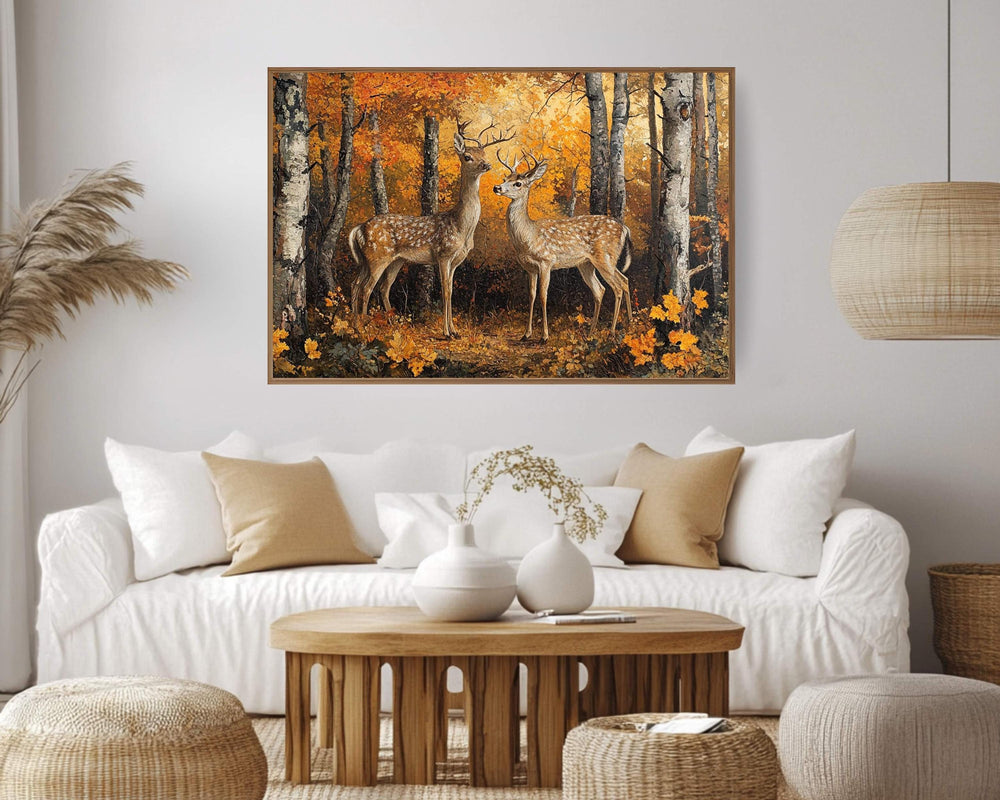 Deer Autumn Forest Wall Art Print, Rustic Woodland Canvas, Wildlife Nature Painting, Rustic Forest Scene, Hunting Lodge Art