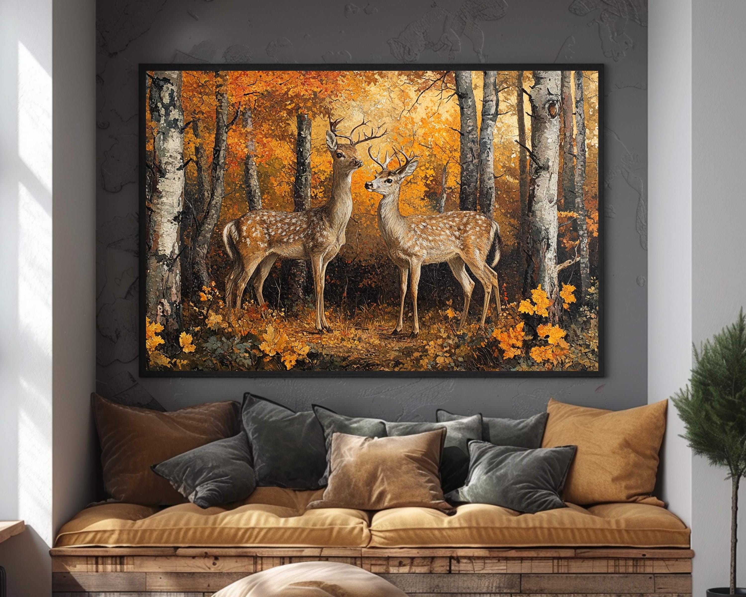 Deer Autumn Forest Wall Art Print, Rustic Woodland Canvas, Wildlife Nature Painting, Rustic Forest Scene, Hunting Lodge Art