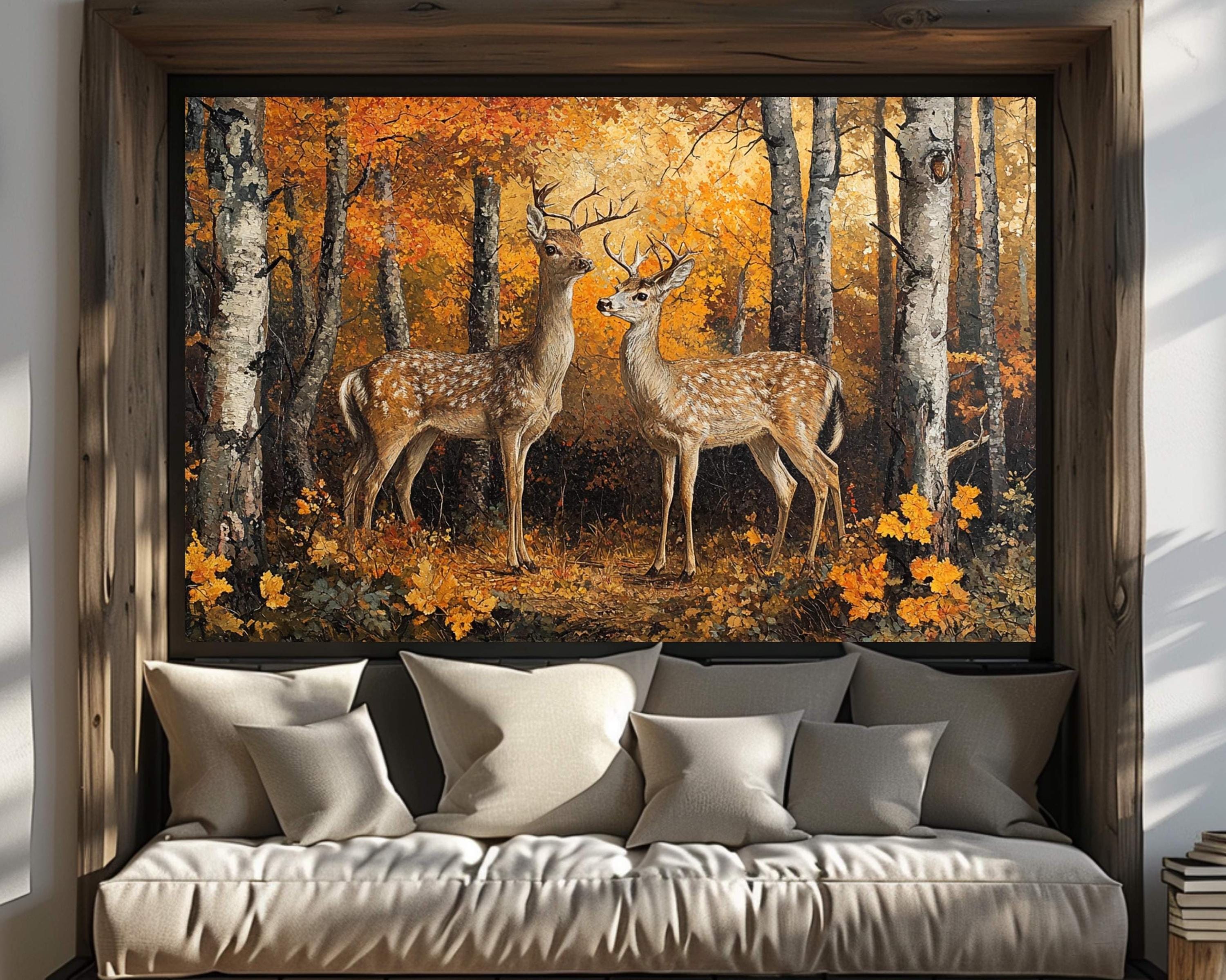 Deer Autumn Forest Wall Art Print, Rustic Woodland Canvas, Wildlife Nature Painting, Rustic Forest Scene, Hunting Lodge Art