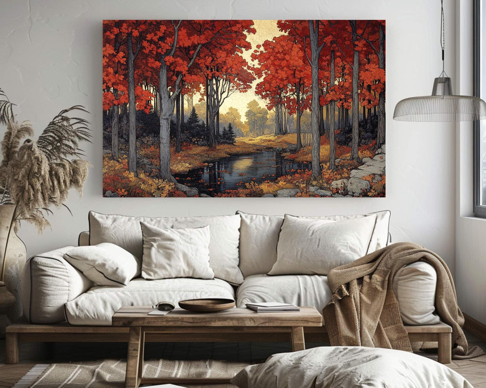Autumn Red Maple Wall Art Print, Vibrant Fall Woodland Landscape Painting, Forest Stream Home Decor, Rustic Fall Foliage Canvas Art