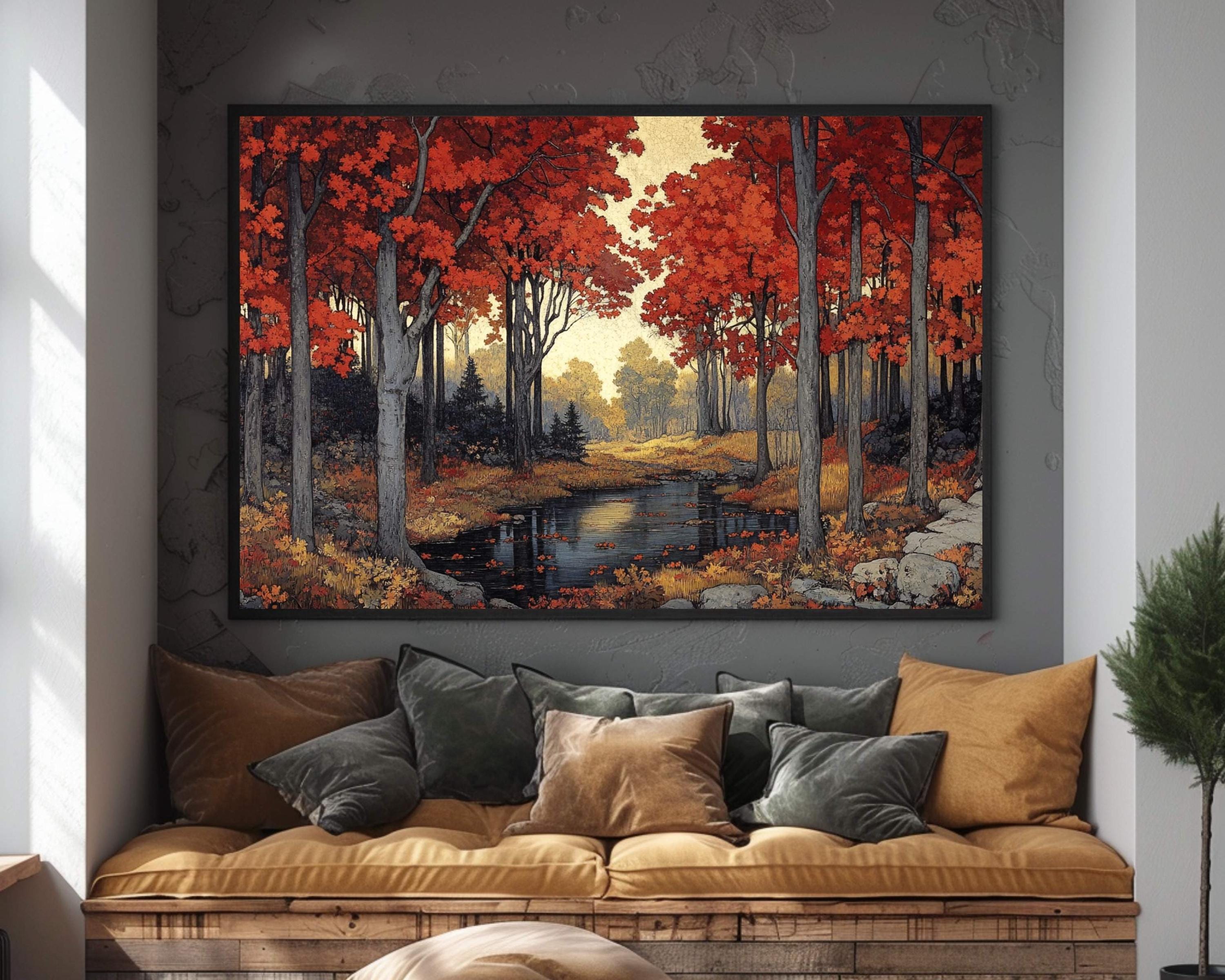 Autumn Red Maple Wall Art Print, Vibrant Fall Woodland Landscape Painting, Forest Stream Home Decor, Rustic Fall Foliage Canvas Art