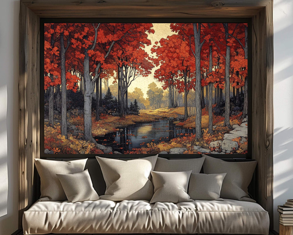 Autumn Red Maple Wall Art Print, Vibrant Fall Woodland Landscape Painting, Forest Stream Home Decor, Rustic Fall Foliage Canvas Art