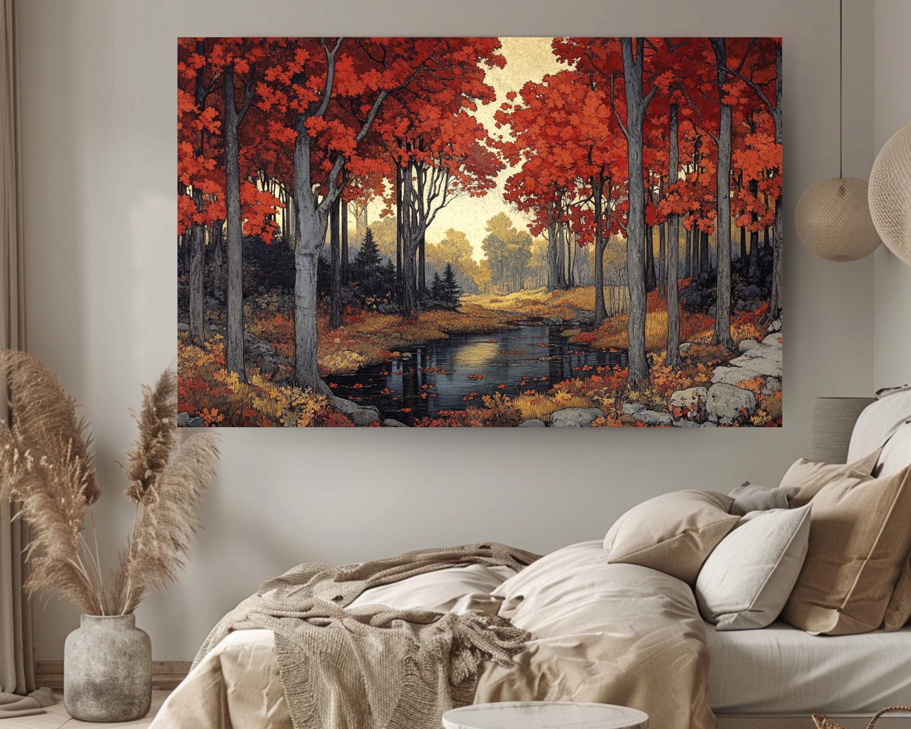Autumn Red Maple Wall Art Print, Vibrant Fall Woodland Landscape Painting, Forest Stream Home Decor, Rustic Fall Foliage Canvas Art
