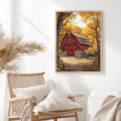 Red Farmhouse Autumn Wall Art Print, William Morris Style Canvas, Framed Canvas Country Decor, Vintage Botanical Design, Cozy Rustic Home