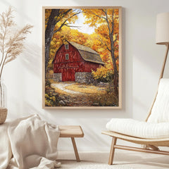 Red Farmhouse Autumn Wall Art Print, William Morris Style Canvas, Framed Canvas Country Decor, Vintage Botanical Design, Cozy Rustic Home