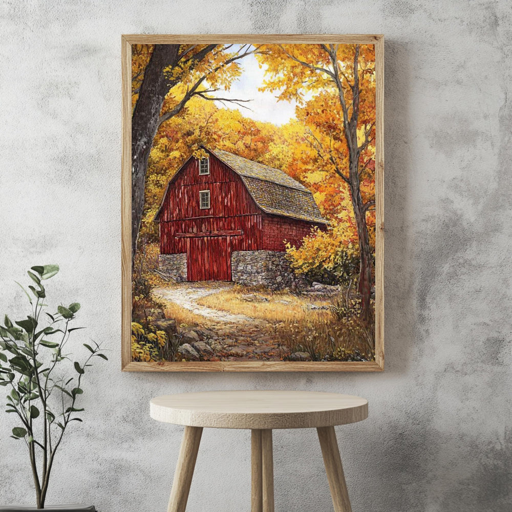 Red Farmhouse Autumn Wall Art Print, William Morris Style Canvas, Framed Canvas Country Decor, Vintage Botanical Design, Cozy Rustic Home
