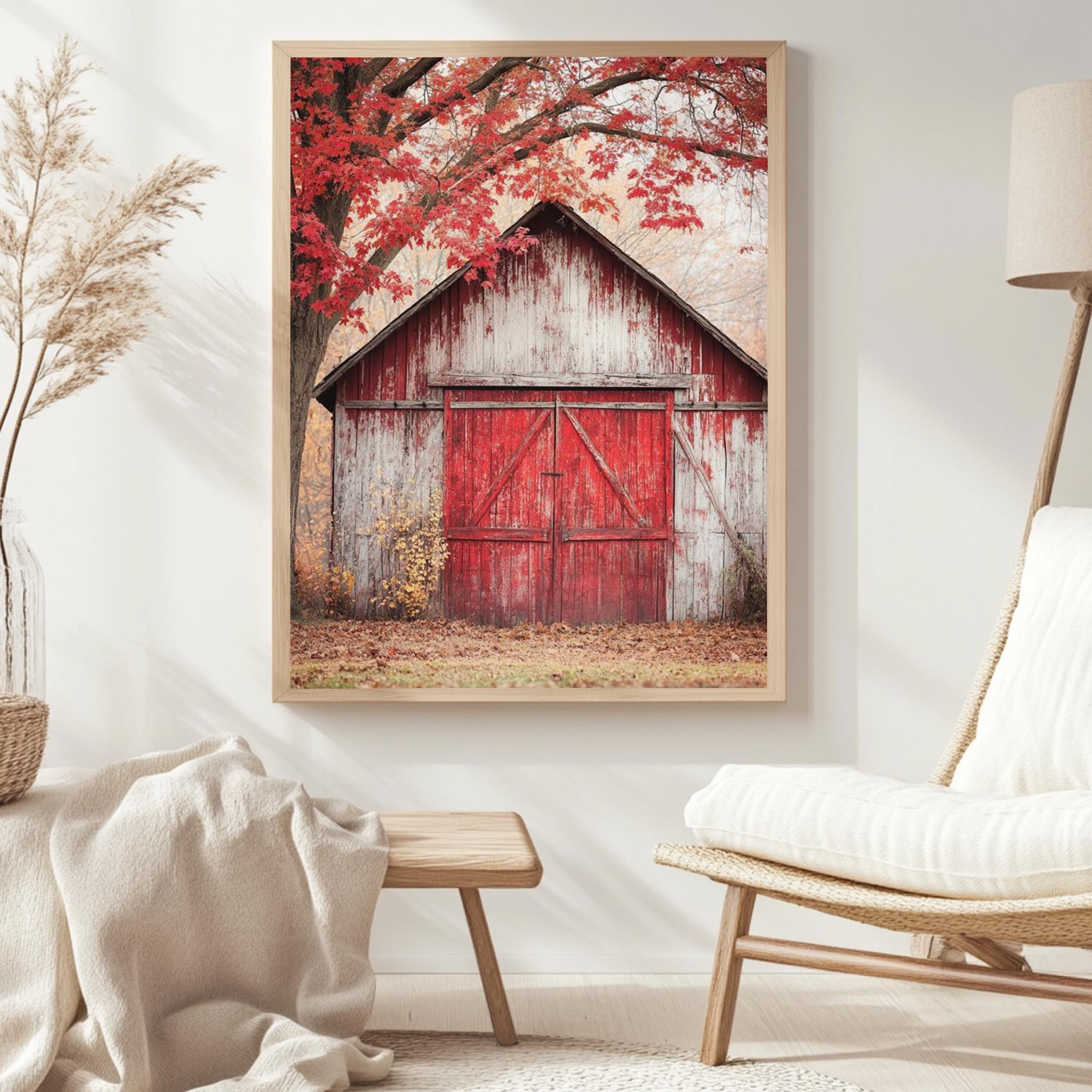 Rustic Barn Canvas Wall Art, Red Farmhouse Print, Framed Canvas Vintage Decor, Country Style Accent, Nature-Inspired Rural Home Piece