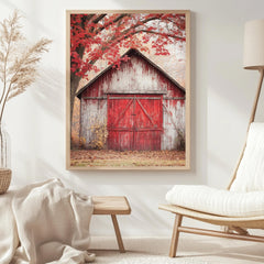 Rustic Barn Canvas Wall Art, Red Farmhouse Print, Framed Canvas Vintage Decor, Country Style Accent, Nature-Inspired Rural Home Piece