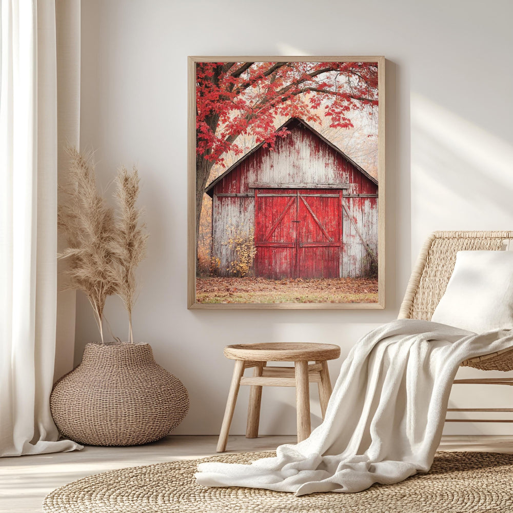 Rustic Barn Canvas Wall Art, Red Farmhouse Print, Framed Canvas Vintage Decor, Country Style Accent, Nature-Inspired Rural Home Piece