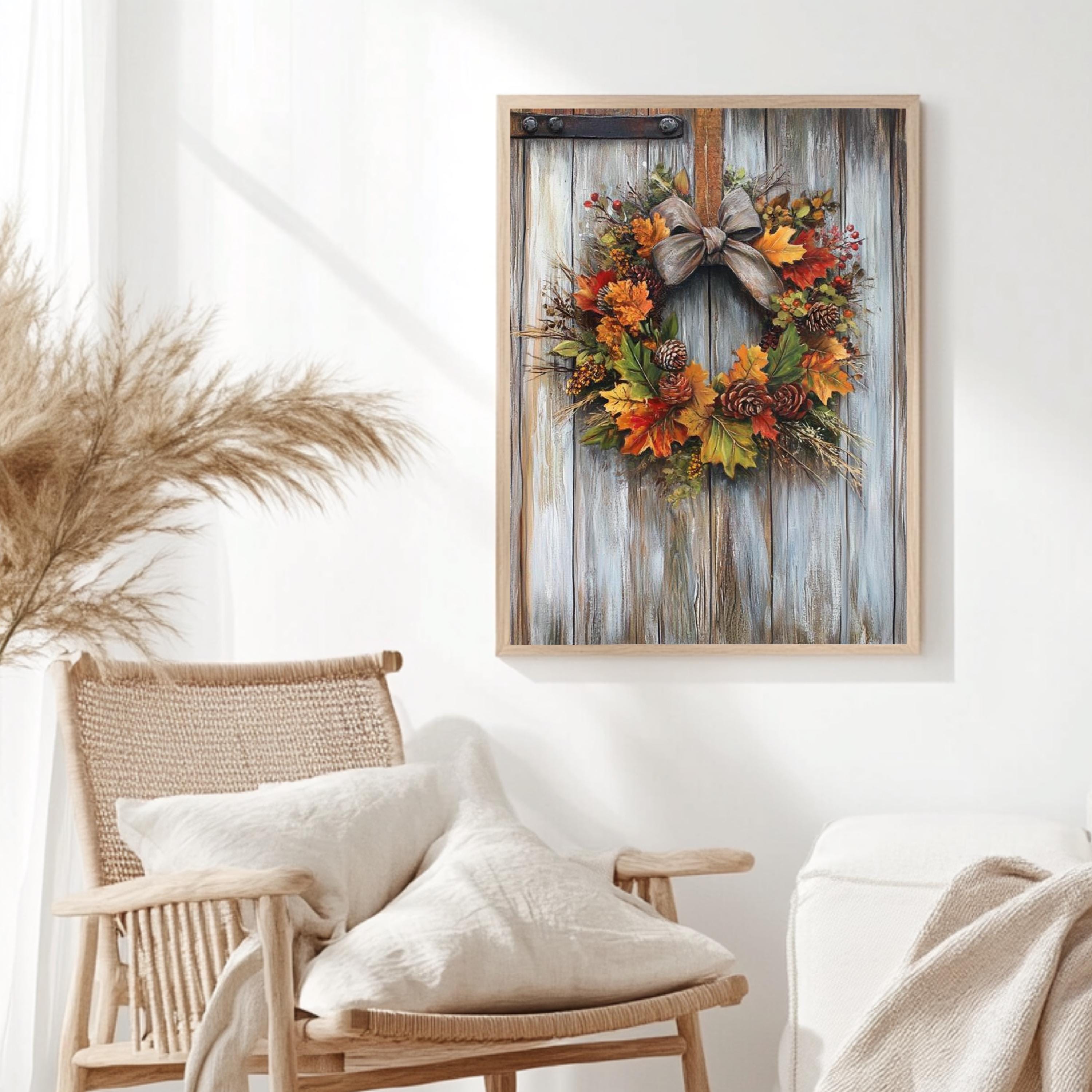 Autumn Wreath Wall Art, Rustic Fall Canvas Print, Framed Canvas Botanical Decor, Vintage-Inspired Accent, Nature-Inspired Seasonal Home