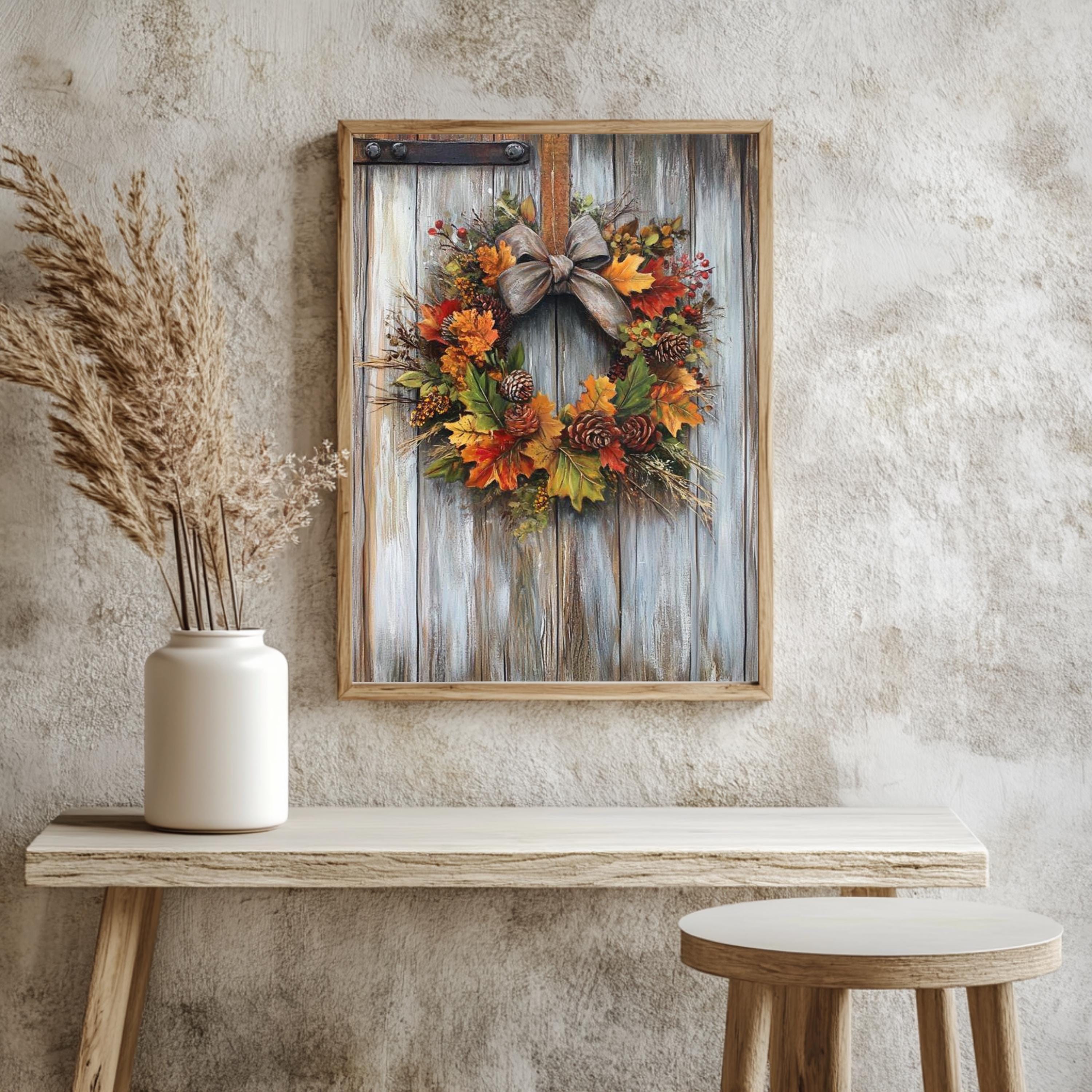 Autumn Wreath Wall Art, Rustic Fall Canvas Print, Framed Canvas Botanical Decor, Vintage-Inspired Accent, Nature-Inspired Seasonal Home