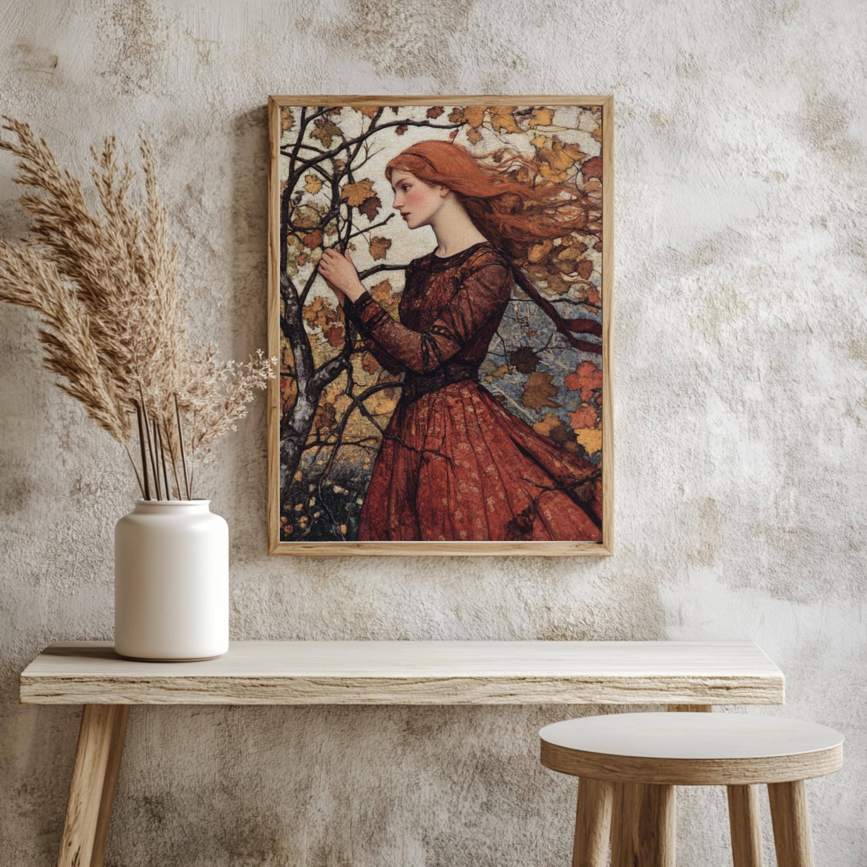 Rustic Autumn Maiden Wall Art, William Morris Canvas Print, Framed Canvas Botanical Accent, Vintage-Inspired Fall Decor, Nature-Inspired Art