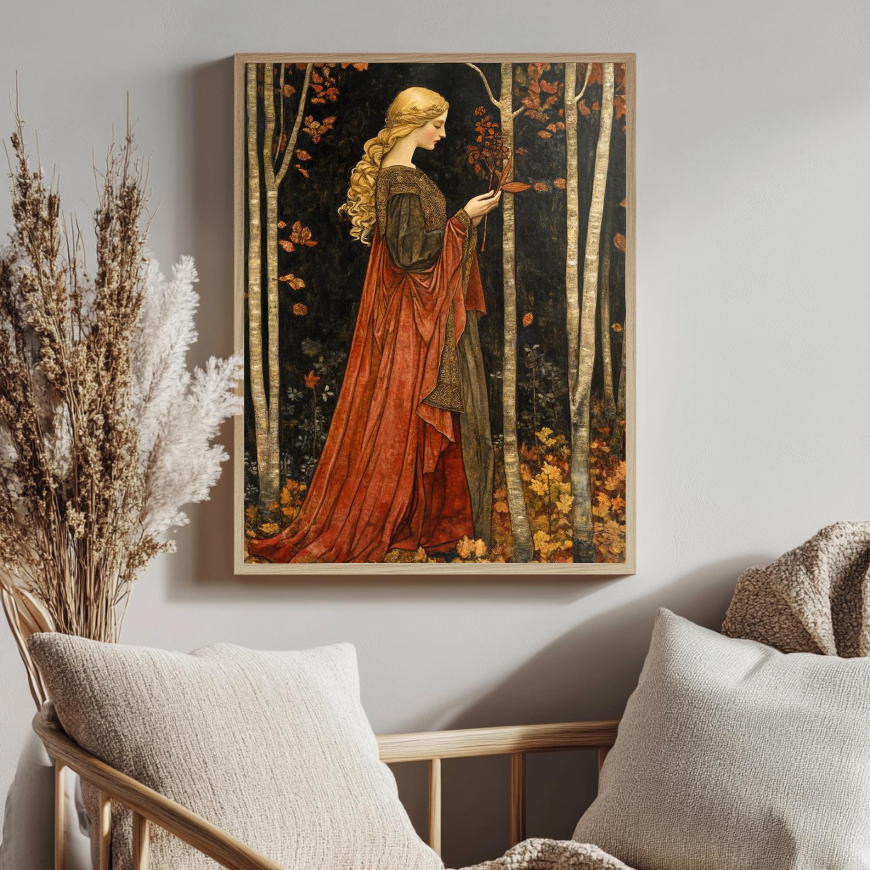 Autumn Goddess Wall Art, William Morris Style Canvas Print, Framed Canvas Botanical Decor, Rustic Nature-Inspired Accent, Vintage Cozy Decor