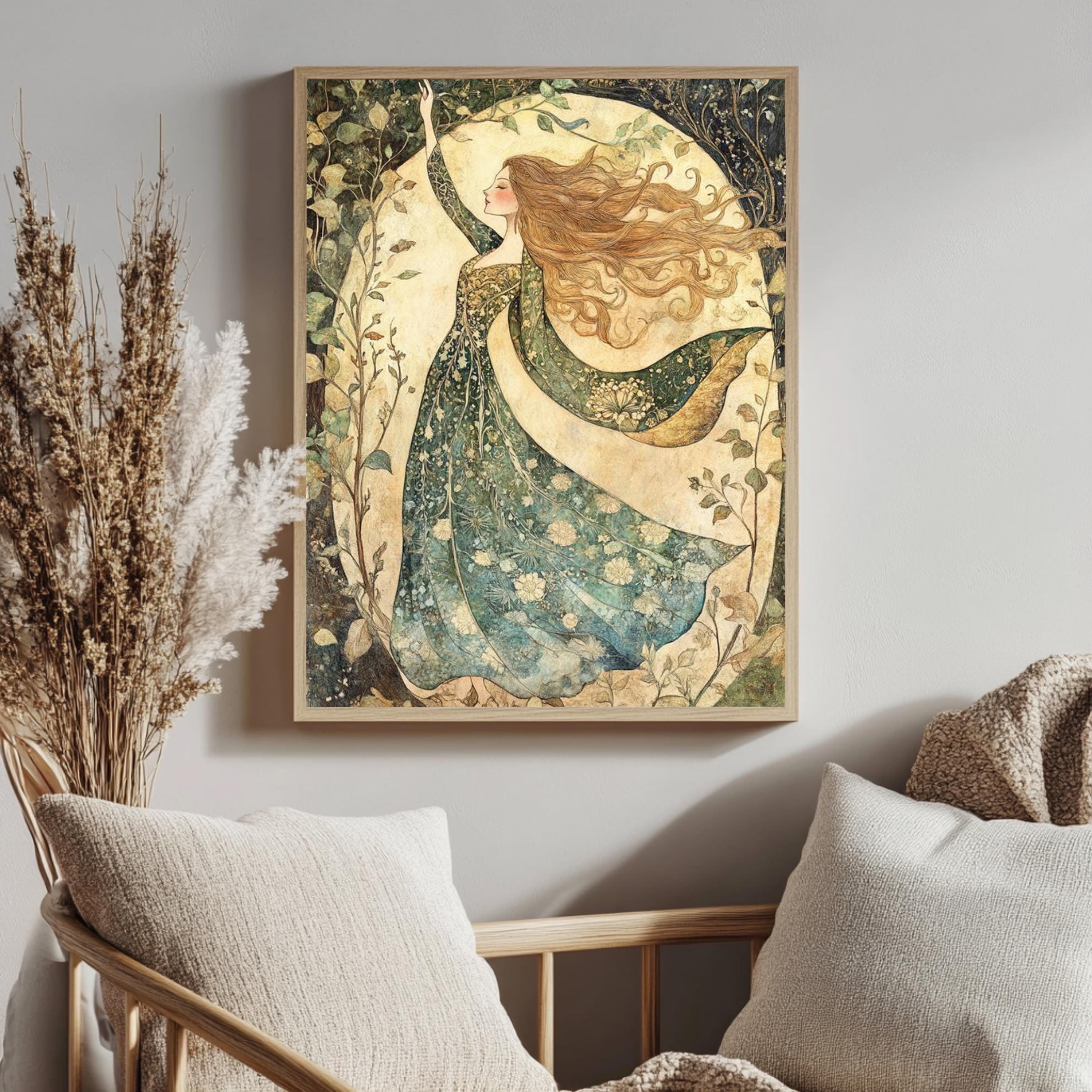 William Morris Goddess Forest Canvas, Woman Wall Art Print, Framed Canvas Botanical Decor, Vintage Rustic Accent, Nature-Inspired Woodland