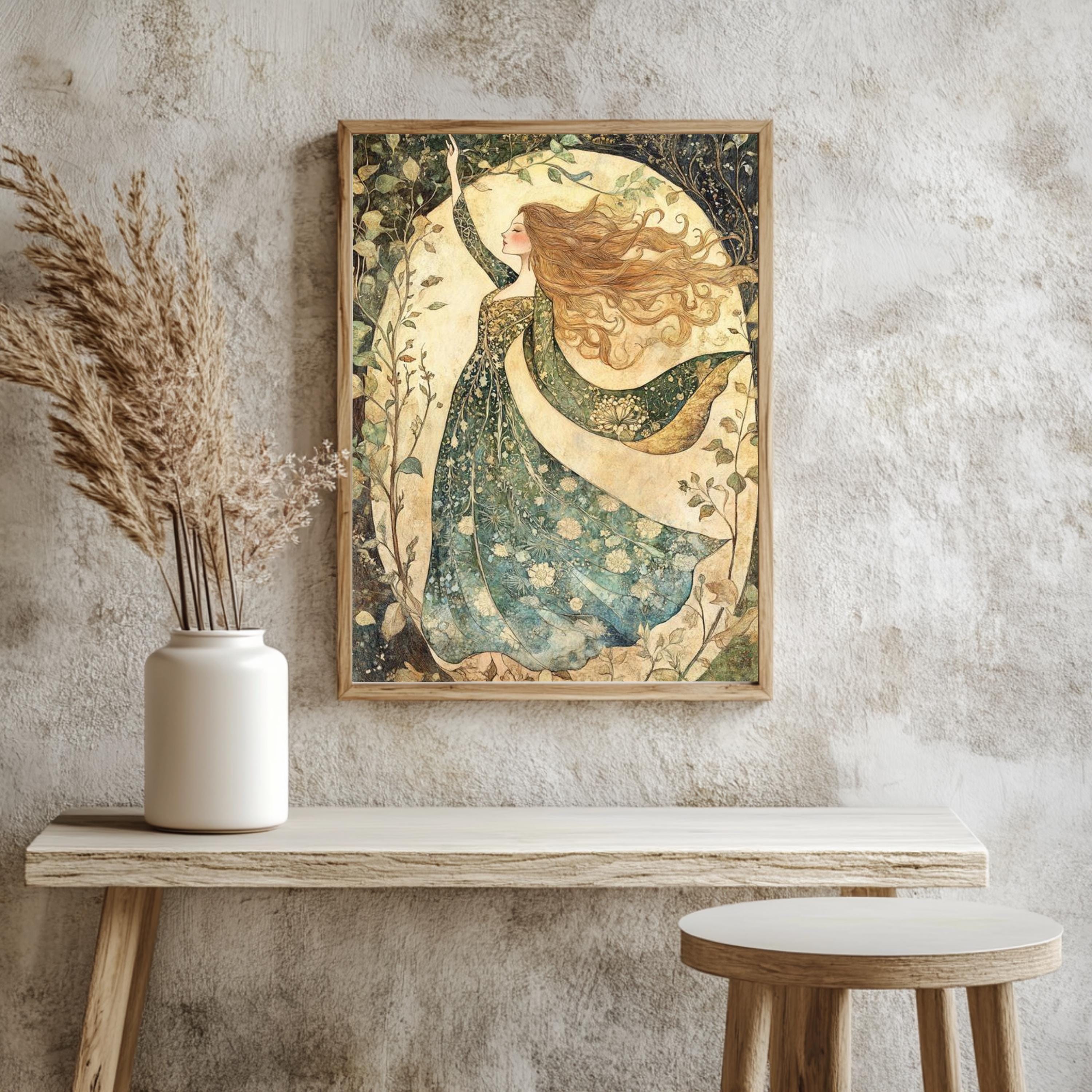 William Morris Goddess Forest Canvas, Woman Wall Art Print, Framed Canvas Botanical Decor, Vintage Rustic Accent, Nature-Inspired Woodland