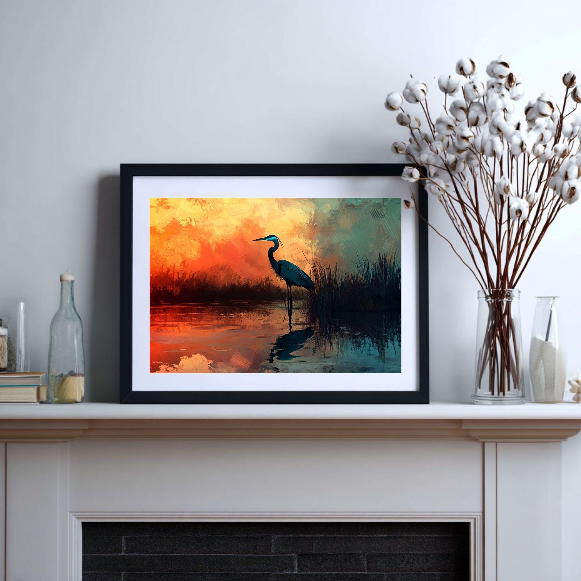 Sunset Heron Wooden Canvas Wall Art, Coastal Bird Silhouette Print, Serene Wetland Landscape Painting, Nature Inspired Rustic Home Decor