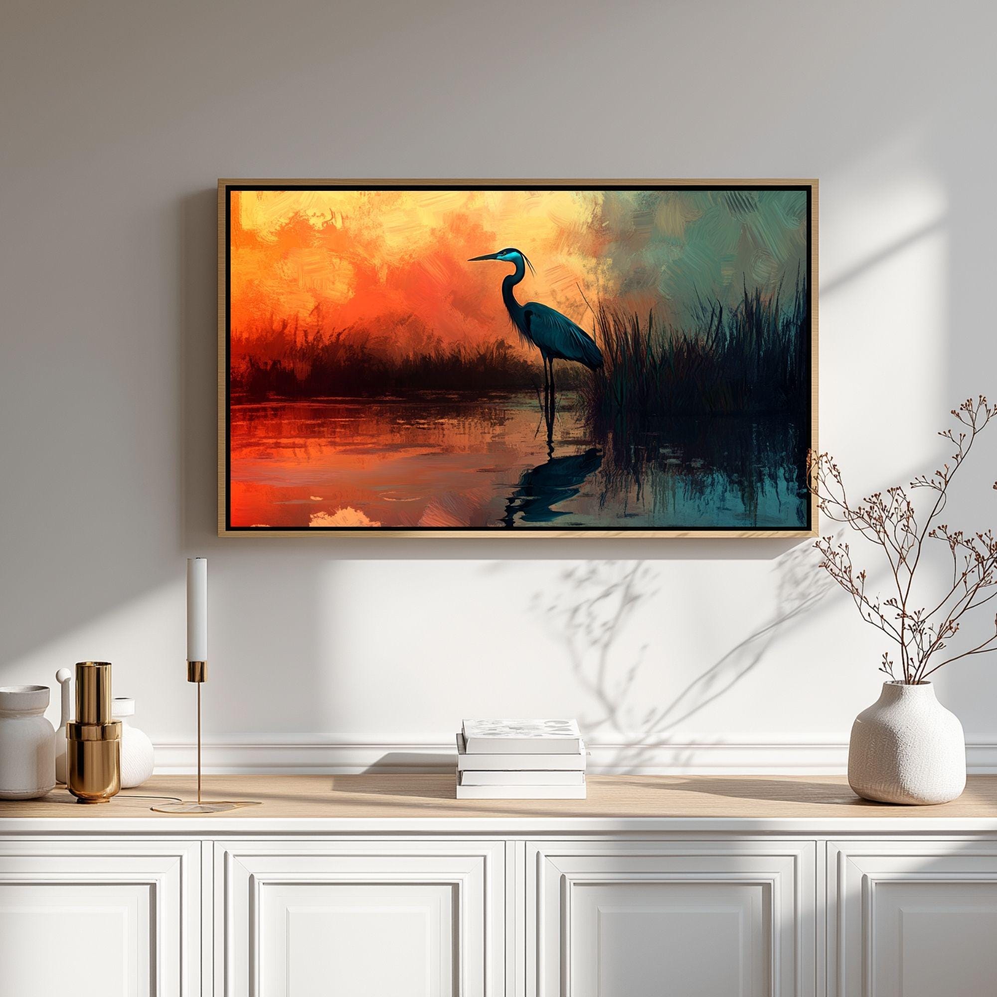 Sunset Heron Wooden Canvas Wall Art, Coastal Bird Silhouette Print, Serene Wetland Landscape Painting, Nature Inspired Rustic Home Decor