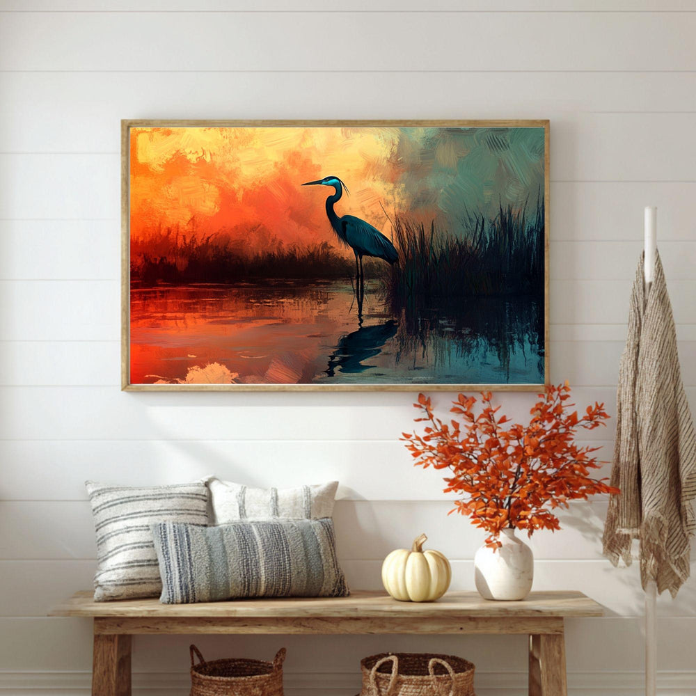 Sunset Heron Wooden Canvas Wall Art, Coastal Bird Silhouette Print, Serene Wetland Landscape Painting, Nature Inspired Rustic Home Decor
