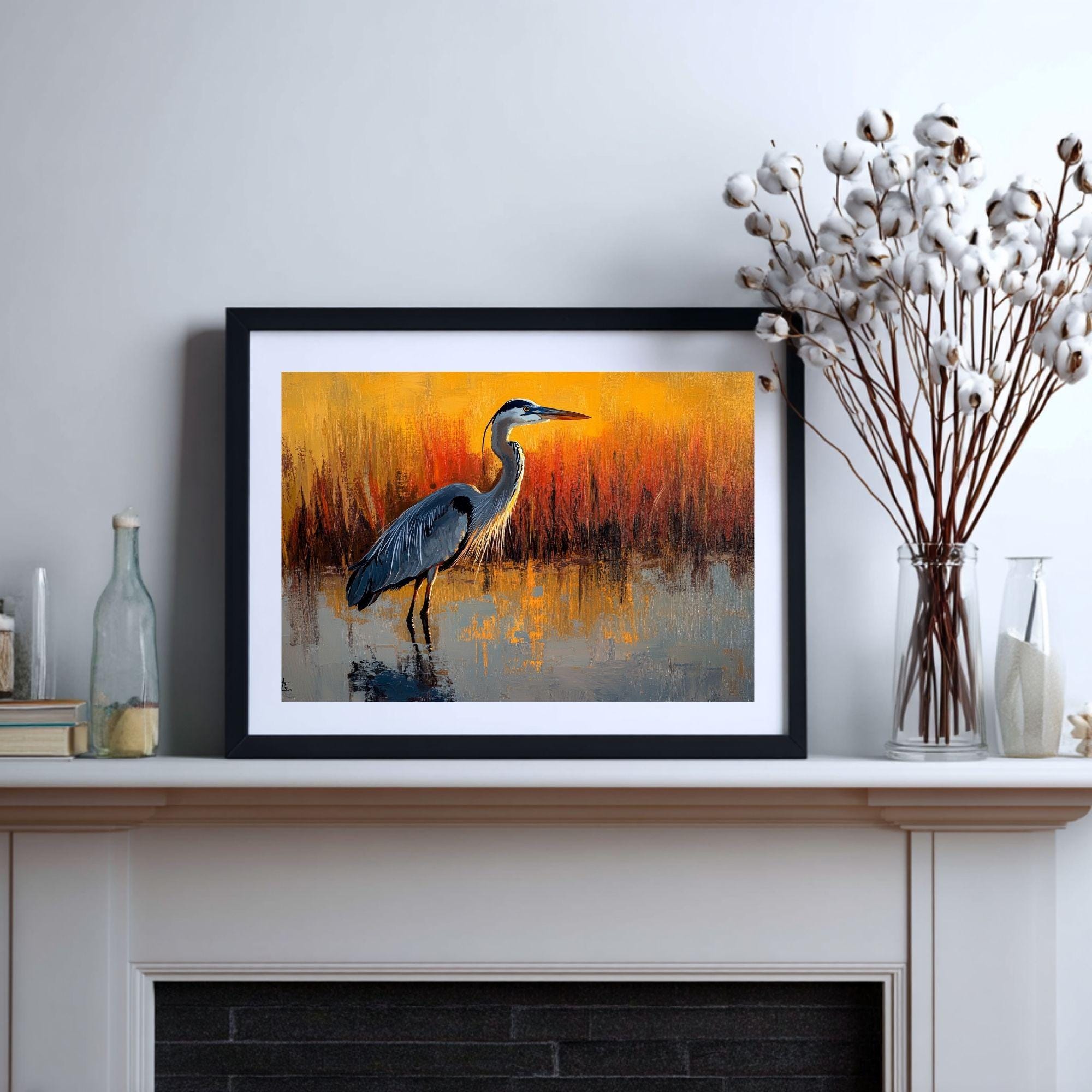 Heron Wooden Canvas Wall Art, Coastal Bird Silhouette Print, Serene Sunset Wetland Landscape Painting, Nature Inspired Rustic Home Decor