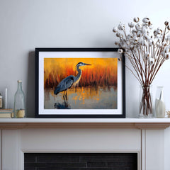 Heron Wooden Canvas Wall Art, Coastal Bird Silhouette Print, Serene Sunset Wetland Landscape Painting, Nature Inspired Rustic Home Decor