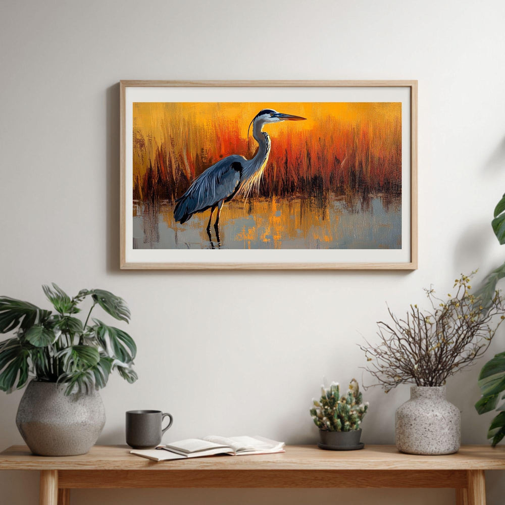 Heron Wooden Canvas Wall Art, Coastal Bird Silhouette Print, Serene Sunset Wetland Landscape Painting, Nature Inspired Rustic Home Decor