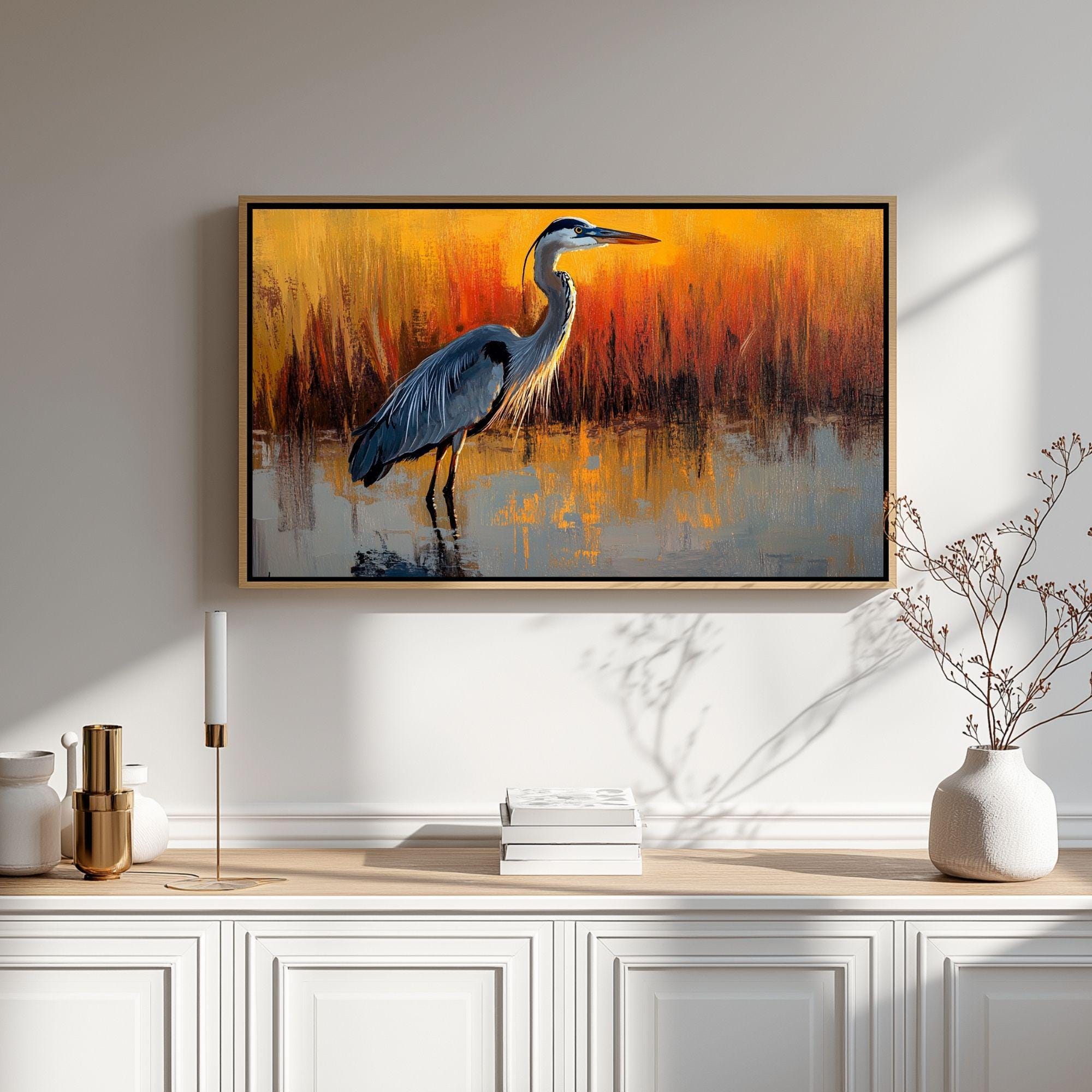 Heron Wooden Canvas Wall Art, Coastal Bird Silhouette Print, Serene Sunset Wetland Landscape Painting, Nature Inspired Rustic Home Decor