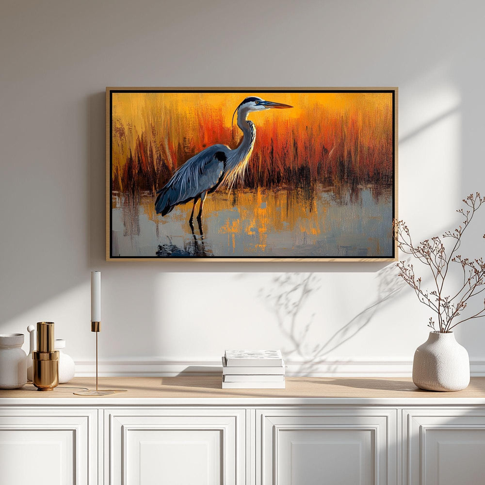Heron Wooden Canvas Wall Art, Coastal Bird Silhouette Print, Serene Sunset Wetland Landscape Painting, Nature Inspired Rustic Home Decor