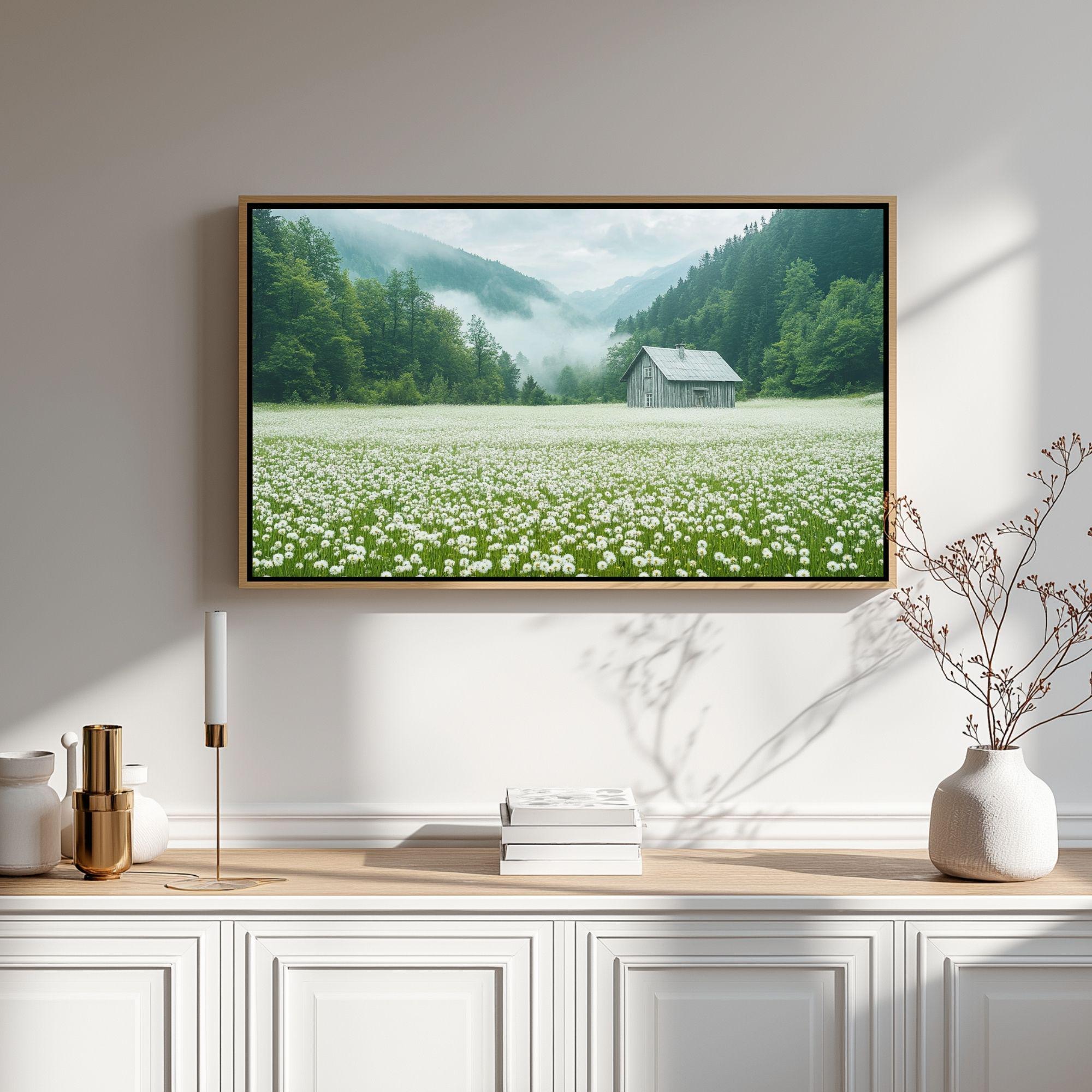 Meadow Wooden Canvas Wall Art, Misty Cottage Landscape Print, Rustic Wildflower Country Field Painting, Nature Inspired Farmhouse Home Decor