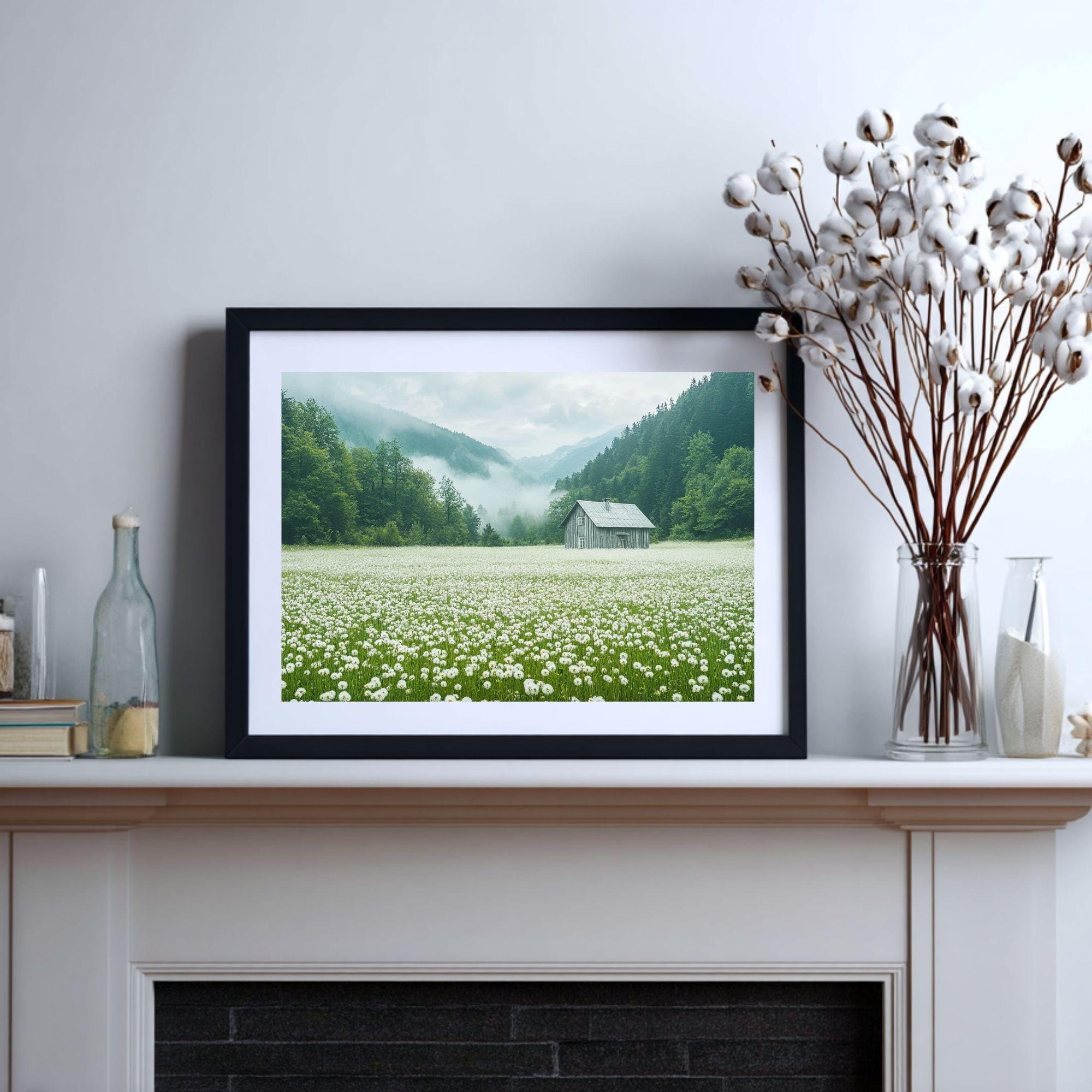 Meadow Wooden Canvas Wall Art, Misty Cottage Landscape Print, Rustic Wildflower Country Field Painting, Nature Inspired Farmhouse Home Decor