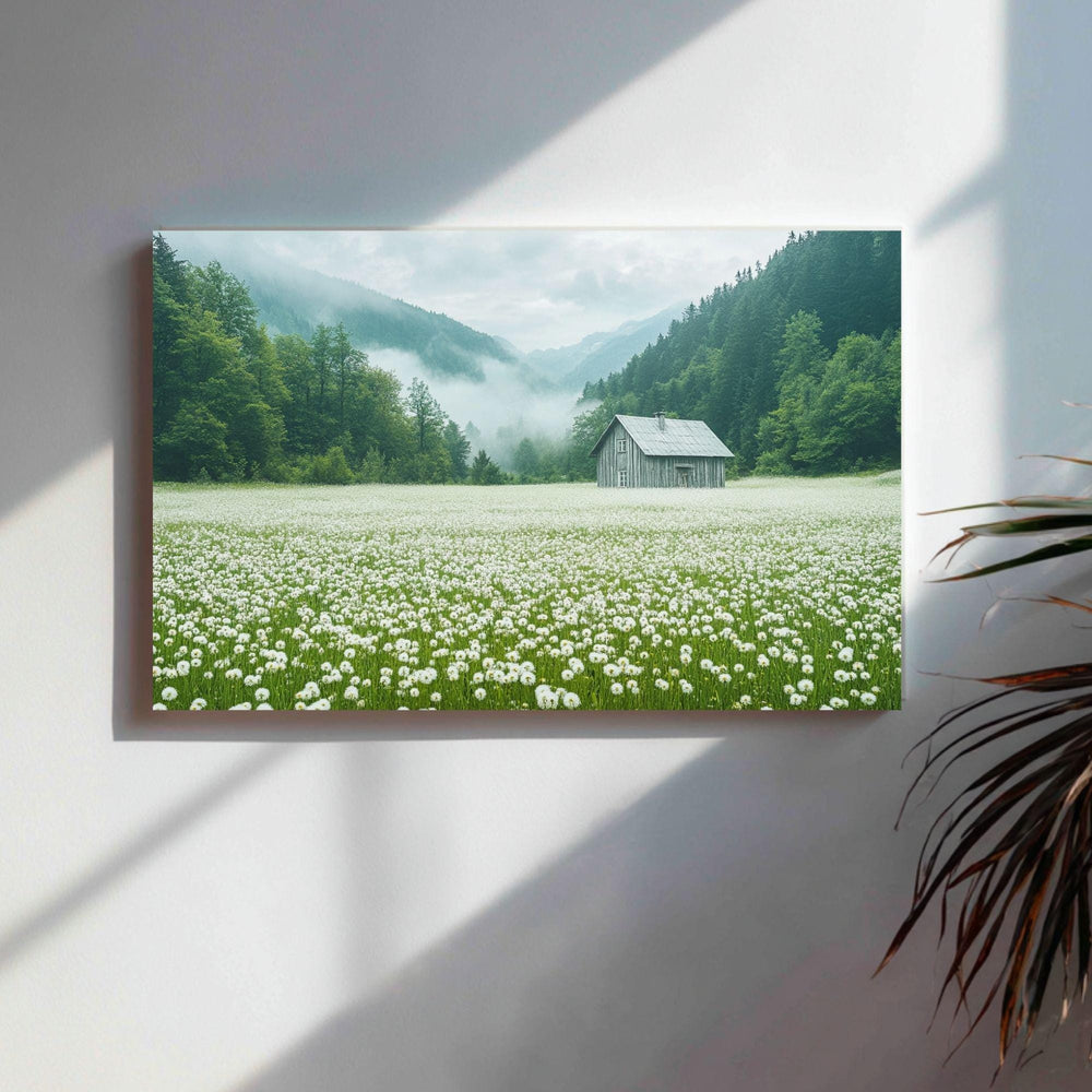 Meadow Wooden Canvas Wall Art, Misty Cottage Landscape Print, Rustic Wildflower Country Field Painting, Nature Inspired Farmhouse Home Decor